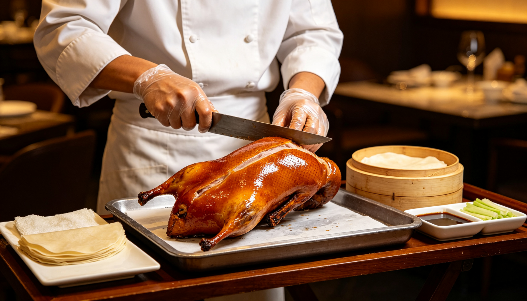 Peking duck being sliced