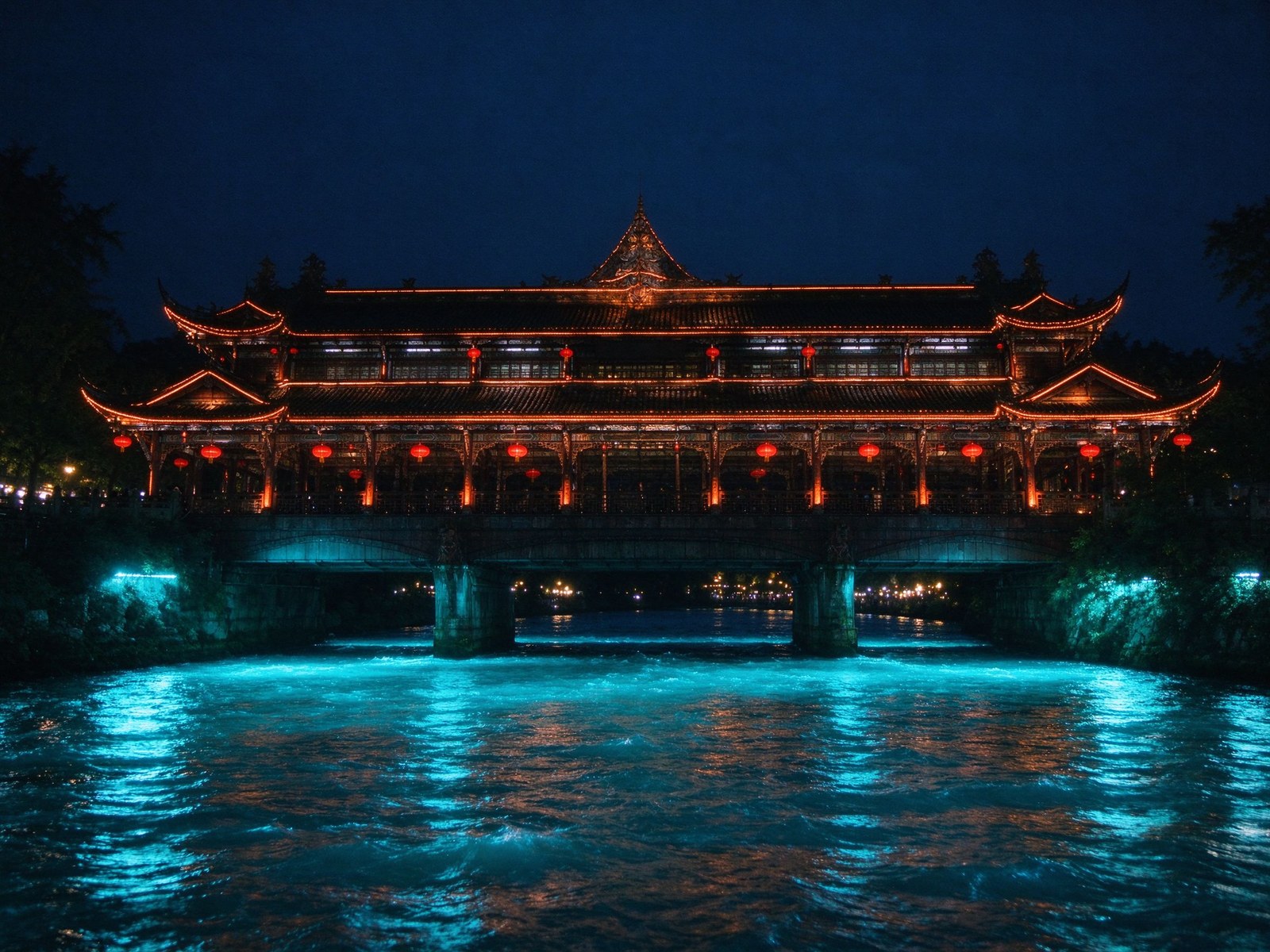 南桥(廊桥)与岷江「蓝眼泪」夜景
