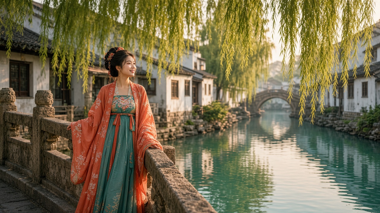 珊瑚与青绿汉服在苏州水巷旅拍
